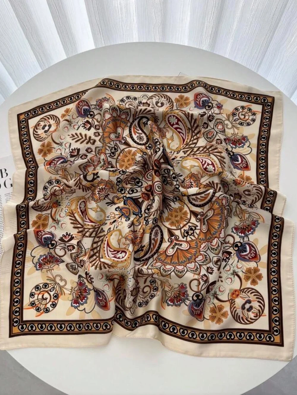 Elegant Khaki Paisley Silk Scarf - Women Accessories 27.5”
